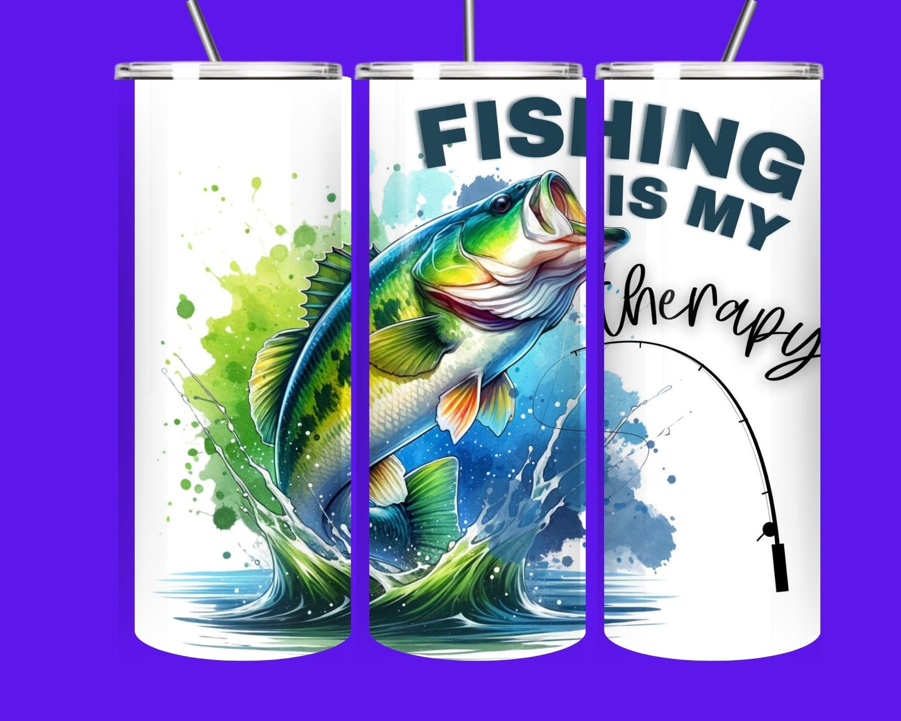Fishing Is My Therapy 20oz tumbler with fishing graphic on stainless steel insulated cup.