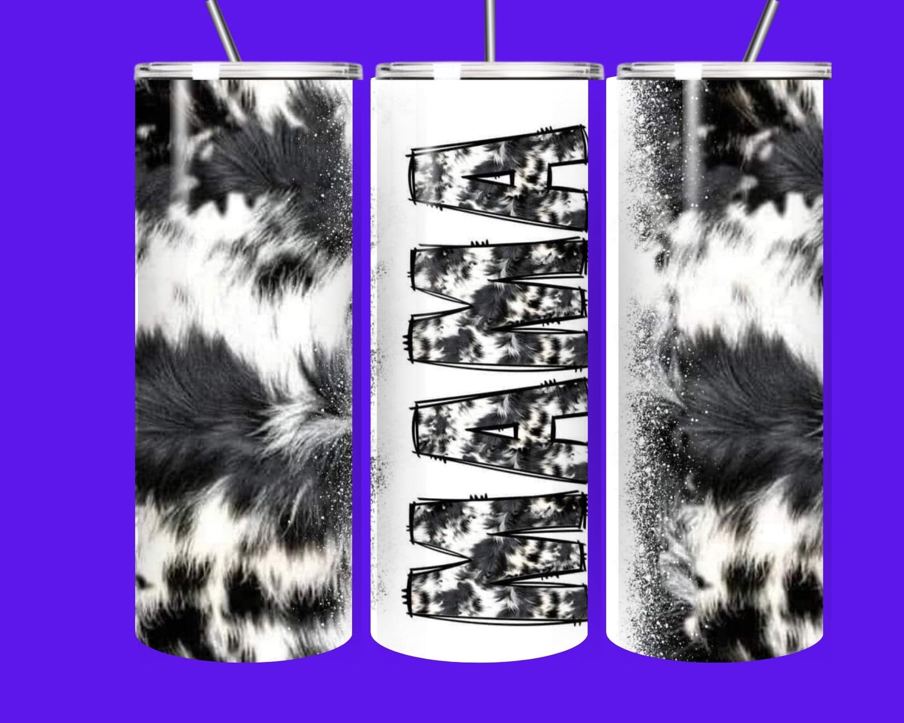 Black and white cowhide tumbler with cow-print design on stainless steel insulated cup
