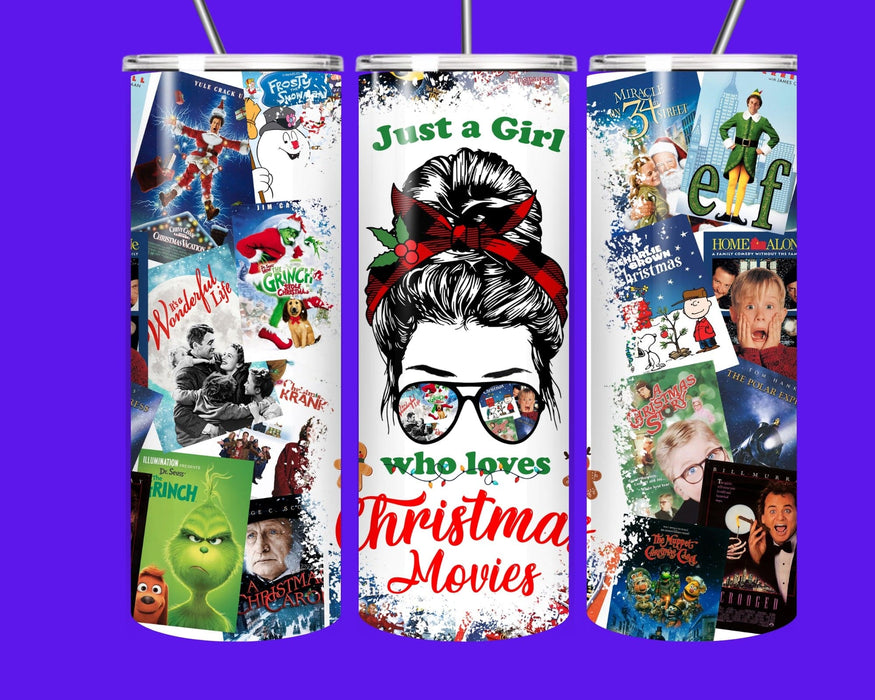 Christmas Movies 20oz Skinny Tumbler with Straw – Just a Girl Who Loves Christmas Movies Cup | Hot & Cold Insulated Drinkware