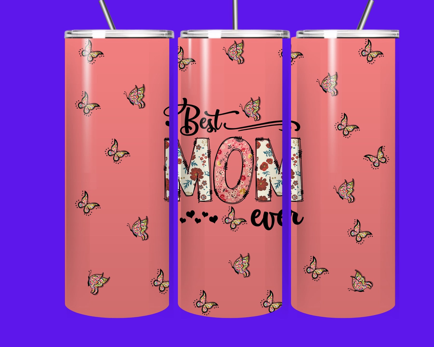 Best Mom Ever Butterfly Tumbler – 20oz Skinny Stainless Steel Insulated Cup with Straw
