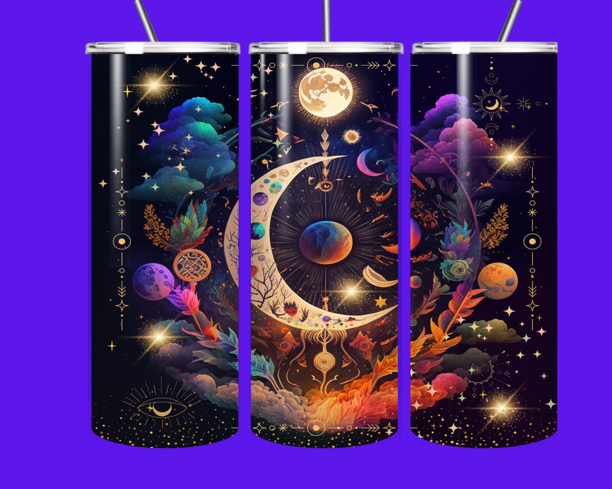 Celestial tumbler, moon tumbler, galaxy tumbler, astrology cup, cosmic drinkware, spiritual aesthetic tumbler, star lover gift, witchy tumbler, boho celestial cup, 20oz insulated tumbler, stainless steel star tumbler, magical moon cup