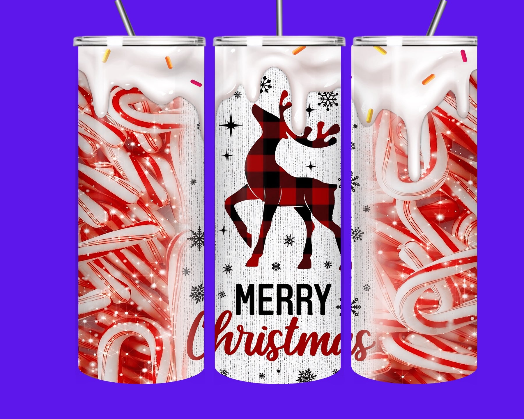 Christmas Candy Cane Reindeer Tumbler | 20oz Skinny Stainless Steel Holiday Cup