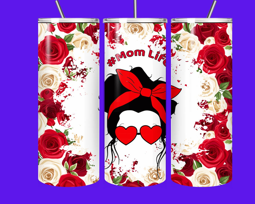 #MomLife Floral Stainless Steel Tumbler 20oz – Insulated Coffee Cup with Straw, Gift for Moms