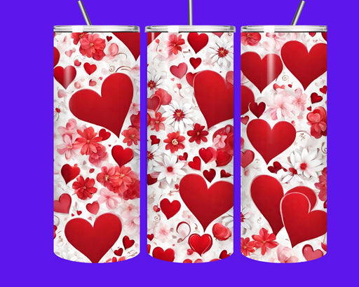 Floral Hearts Valentine Tumbler 20oz – Stainless Steel Insulated Cup with Straw, Romantic Heart Design Gift