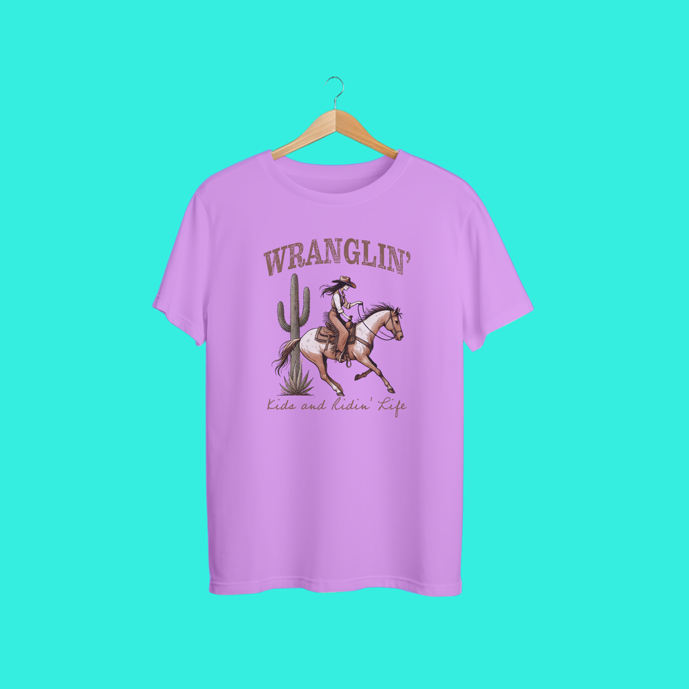 Wranglin’ Kids and Ridin’ Life Western Cowgirl Graphic Tee – Rodeo Mom T-Shirt Lilac Country Style
