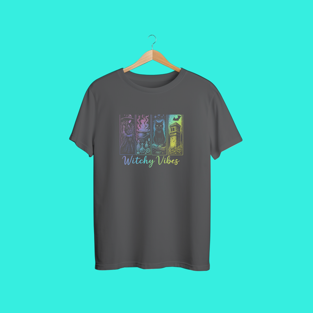 Witchy Vibes Shirt – Pastel Goth Black Cat Witch T-Shirt | Spooky Season Unisex Graphic Tee by DesignSipz