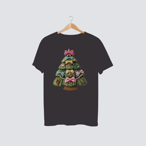 Pastel bow Christmas tree shirt with soft pink and mint bows arranged on a festive tree design