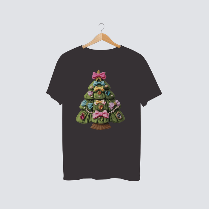 Pastel bow Christmas tree shirt with soft pink and mint bows arranged on a festive tree design