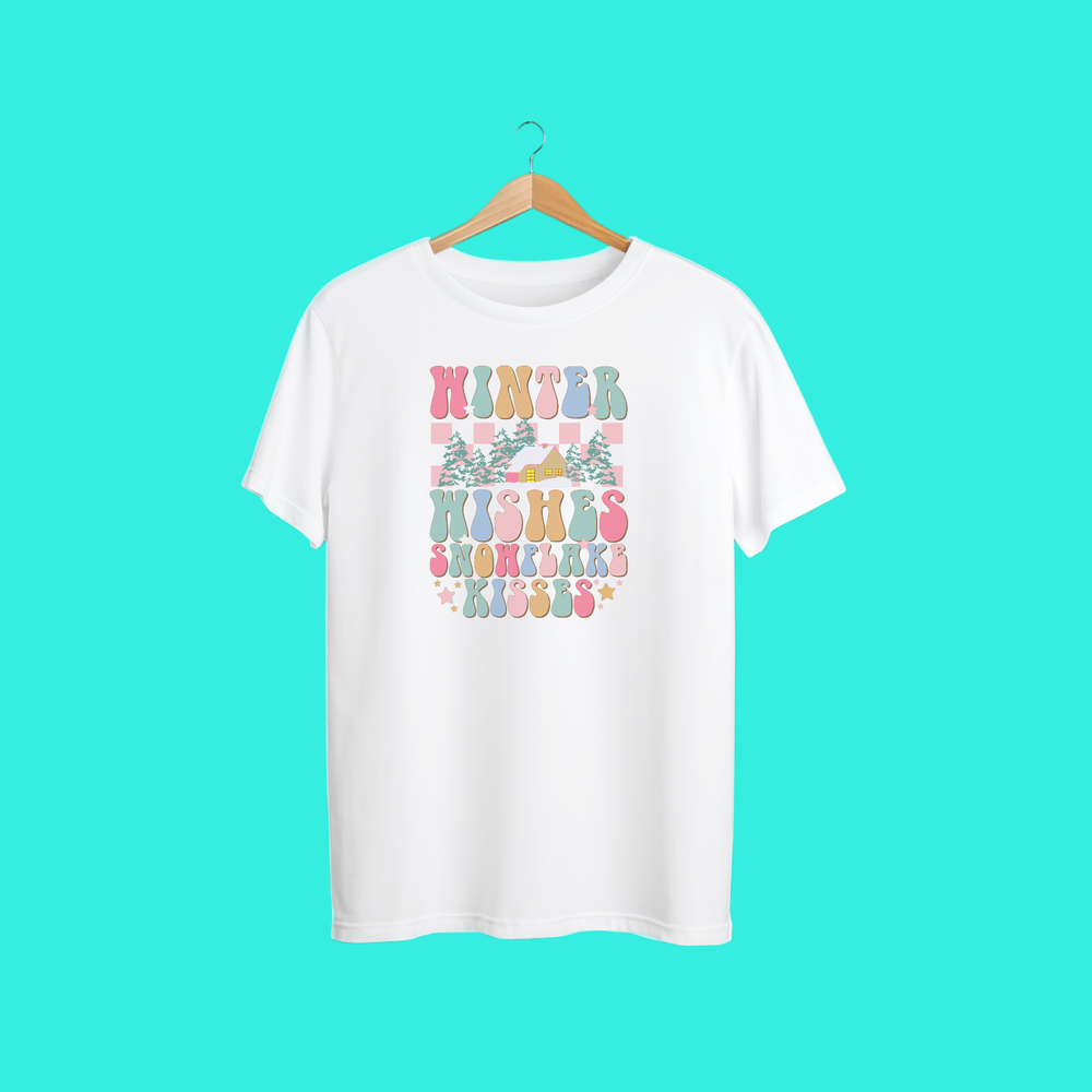 Winter Wishes Snowflake Kisses Retro Christmas T-Shirt | Pastel Holiday Graphic Tee Unisex