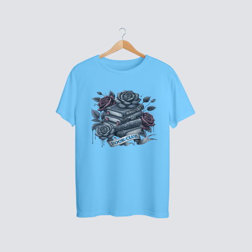 Morally Grey Book Club Tee with bold fantasy reader graphic.”