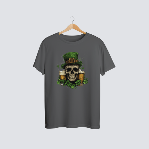 St. Paddy’s Skull & Suds Tee with Irish skull and beer mug graphic.”