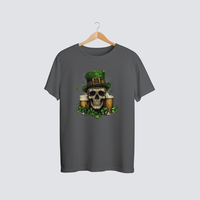 St. Paddy’s Skull & Suds Tee with Irish skull and beer mug graphic.”