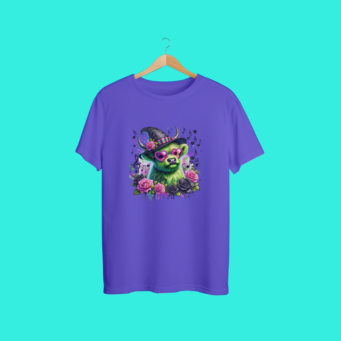 Spooky-Cute Witch Cow Tee – Neon Green Cow, Heart Shades, Roses &amp; Music Notes Graphic T-Shirt