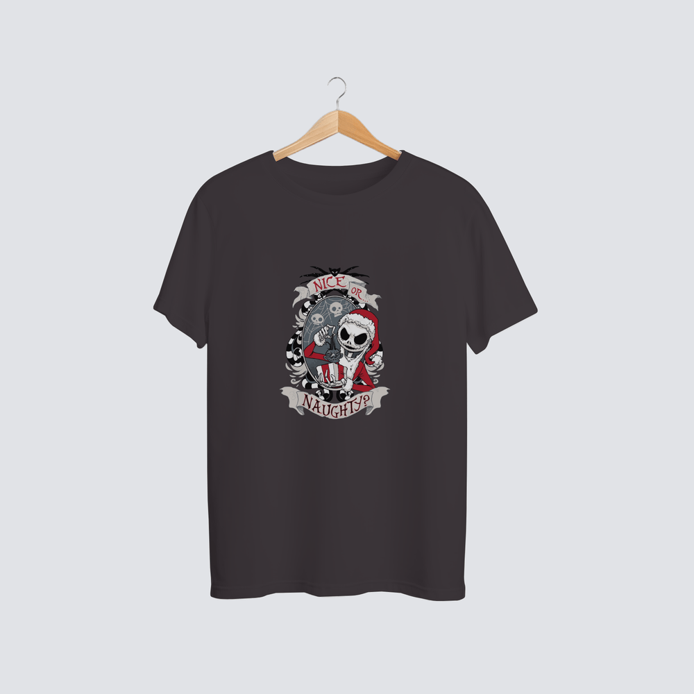 Naughty or Nice Jack Christmas Tee with retro holiday graphic.