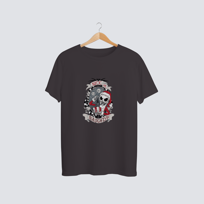 Naughty or Nice Jack Christmas Tee with retro holiday graphic.