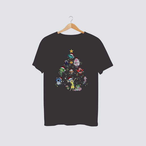 Festive Character Christmas Tree Tee with colorful holiday graphics displayed on a folded shirt